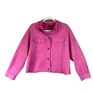 Zara Basic Jacket Women's XS Pink Faux Suede Long Sleeve Snap Front Barbie Biker